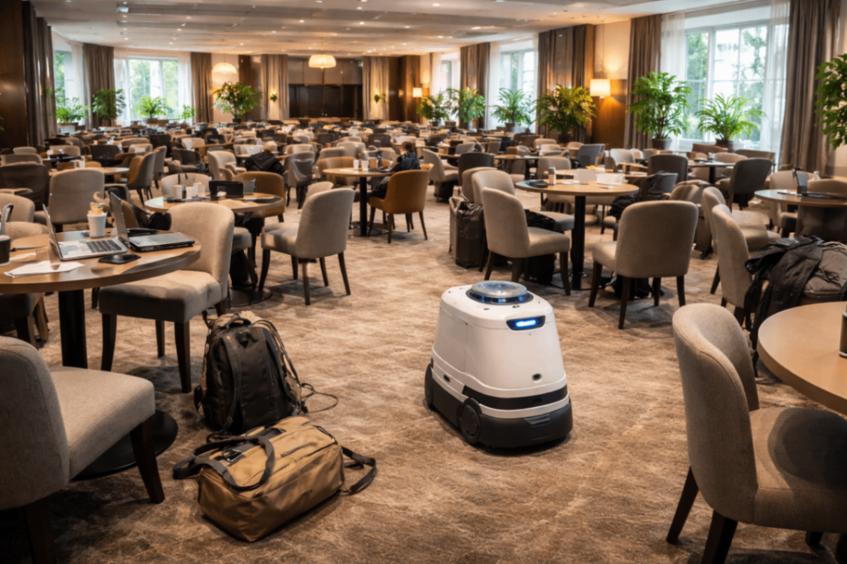 Reinigungsroboter in einer Hotellobby mit vielen Tischen und Stühlen